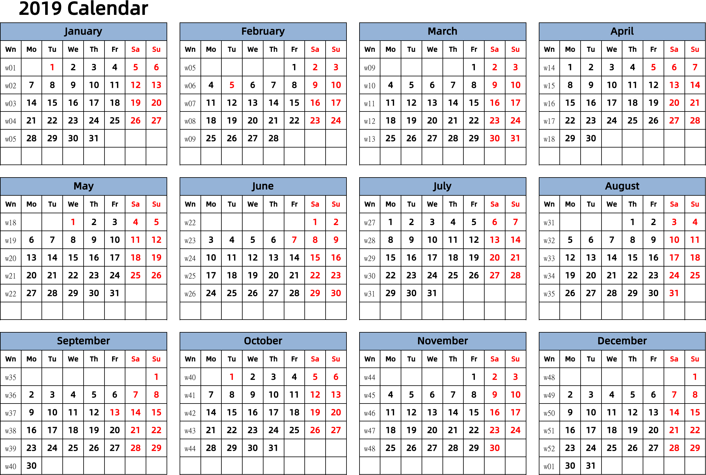 日历表2019年日历 英文版 横向排版 周一开始 带周数 带节假日调休安排